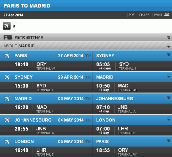 Chechmytrip: Paris Orly - Madrid (via Sydney and Johannesburg)
