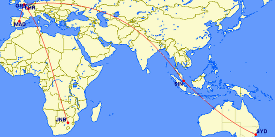 GCMAP: Paris Orly - Madrid (via Sydney and Johannesburg)