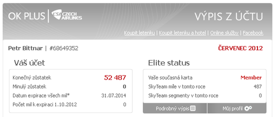 OK Plus - připsané míle